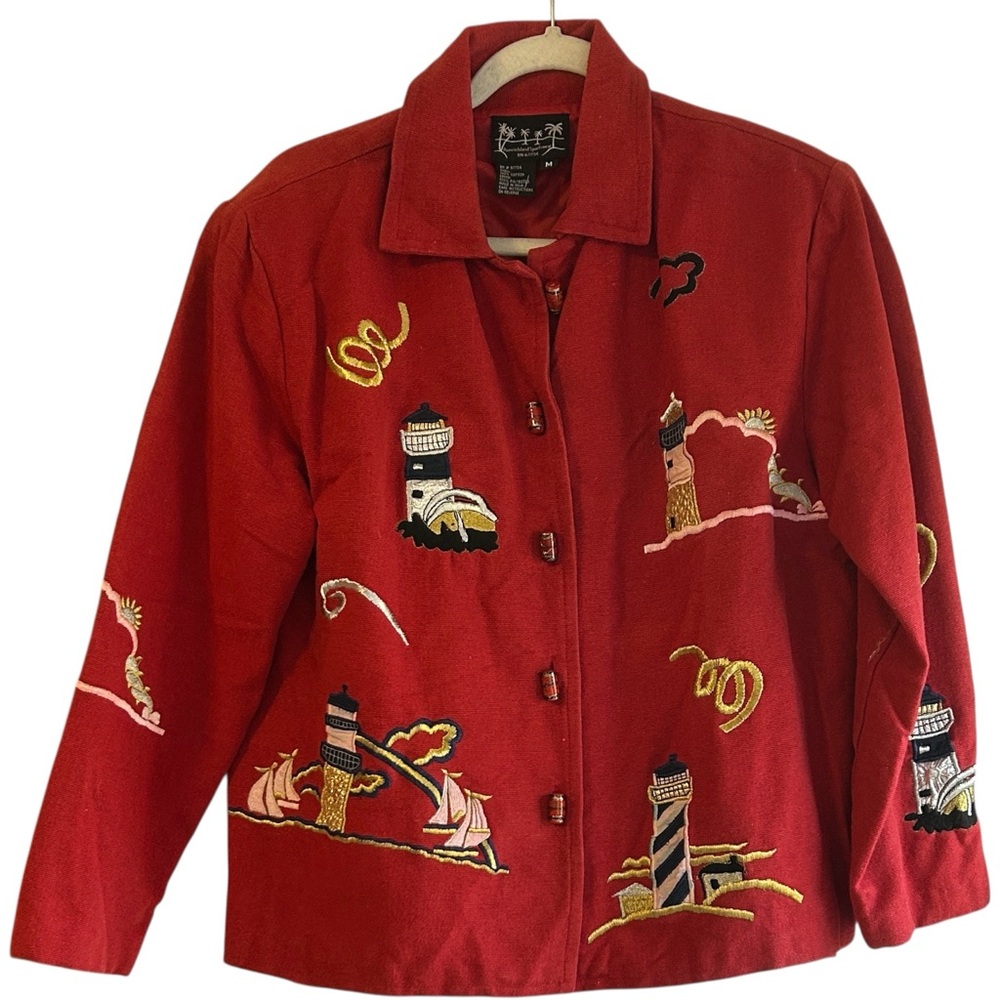 Puffin Island Sportswear vintage red gold accents lighthouse cotton jacket Sz M